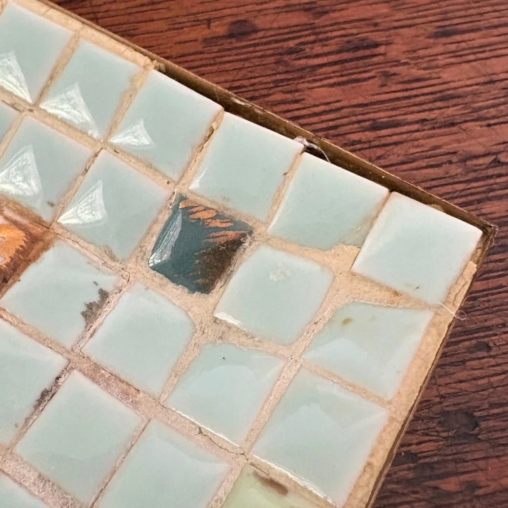 Mid-Century Aqua Mosaic Tile Trinket Tray with Gold-Tone Base